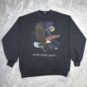 Vintage Michigan Sweatshirt Mens Extra Large Black Bald Eagle Moon Nature 90s